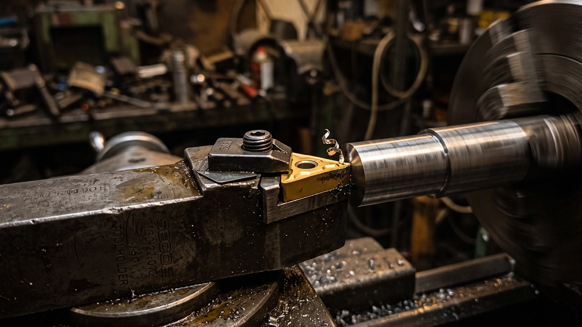 Close-up of an indexable turning tool with a replaceable cutting insert