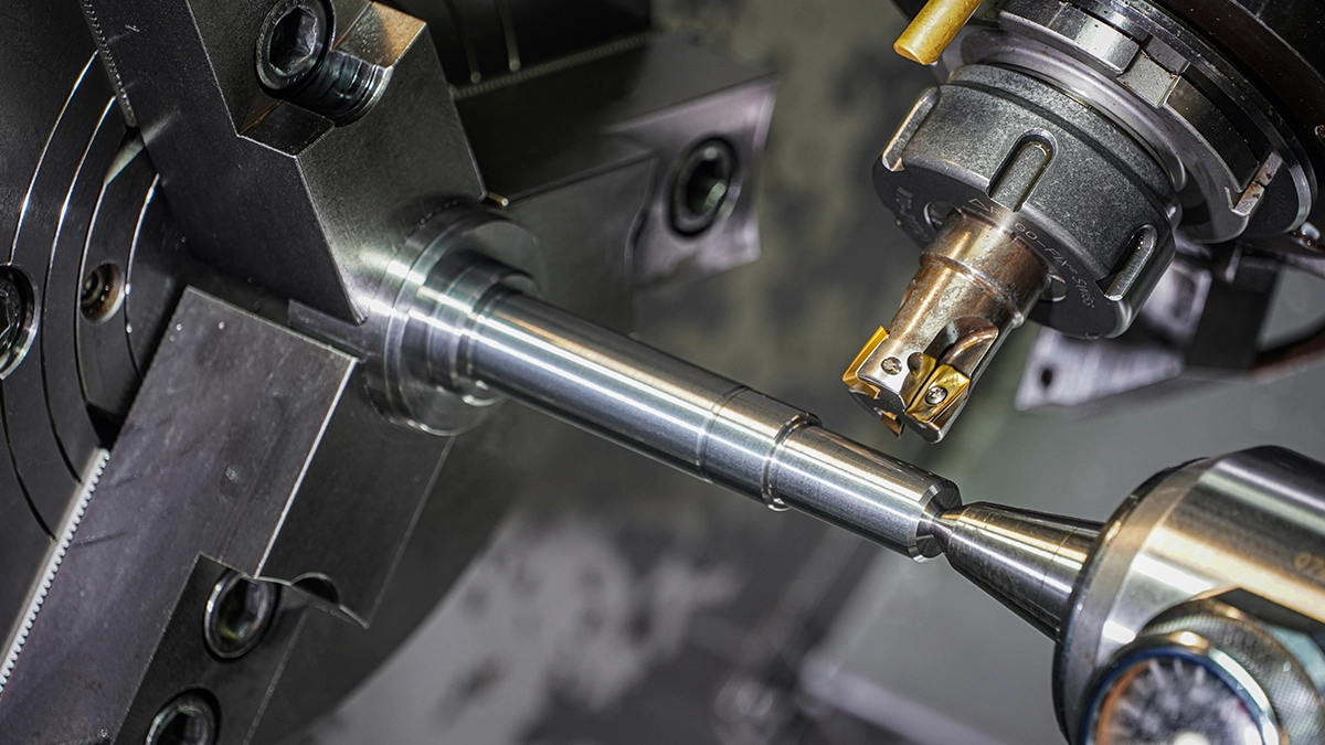 Stepped shaft turned between chuck and tailstock centre on a CNC turning centre