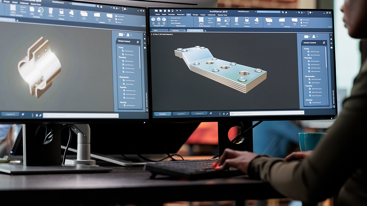 An engineer modeling a CNC part in CAD software on dual monitors